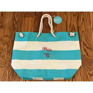 Initials, Inc. Rope Tote Surf Stripe- Aqua Custom 'Miss O' NWT S